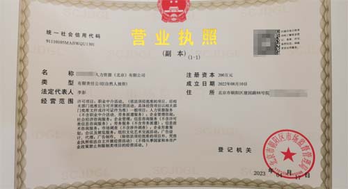 公司注册案例:我公司为xxxx国际人力资源公司完成营业执照代办业务