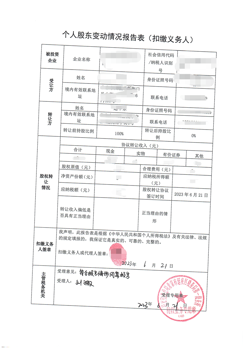 公司股东变更案例：2023年6月21日为客户完成股东变更业务